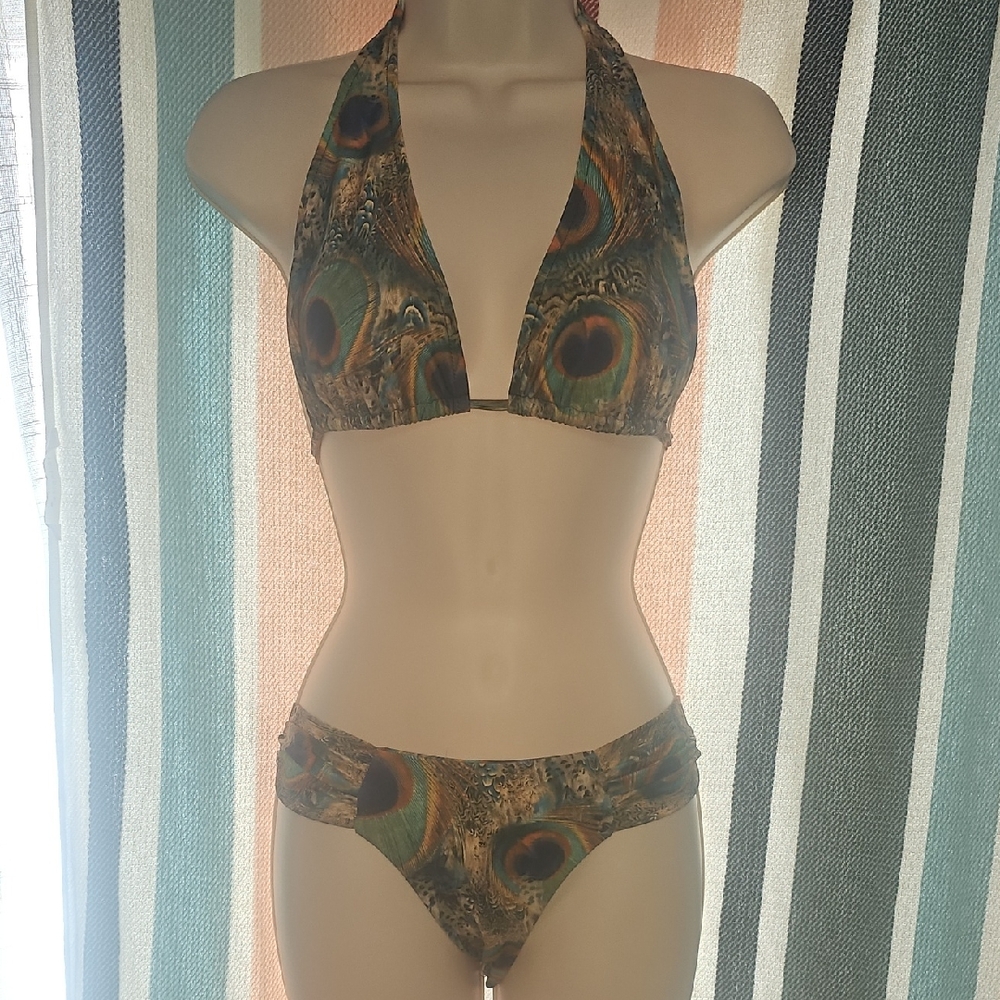 Peacock Print Halter Bikini Set - Women Swim